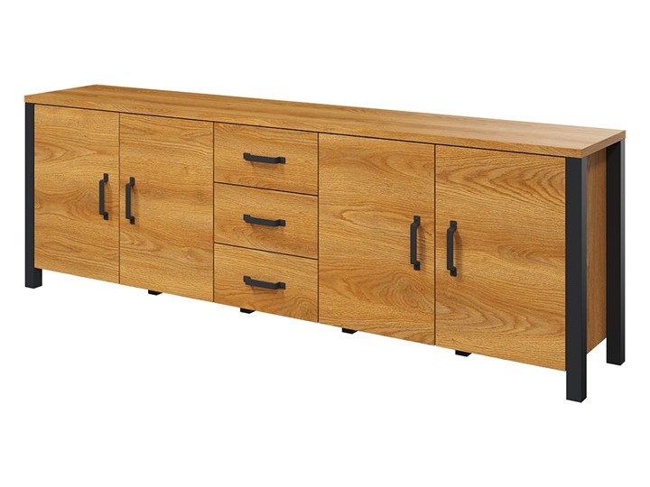 BOGART. Komoda Carmelin 220 4D3SZ dąb karmel / czarny supermat Wysokość 79 cm Głębokość 48 cm Płyta MDF Szerokość 220 cm Z szufladami Z witrynami Z szafkami Styl Industrialny