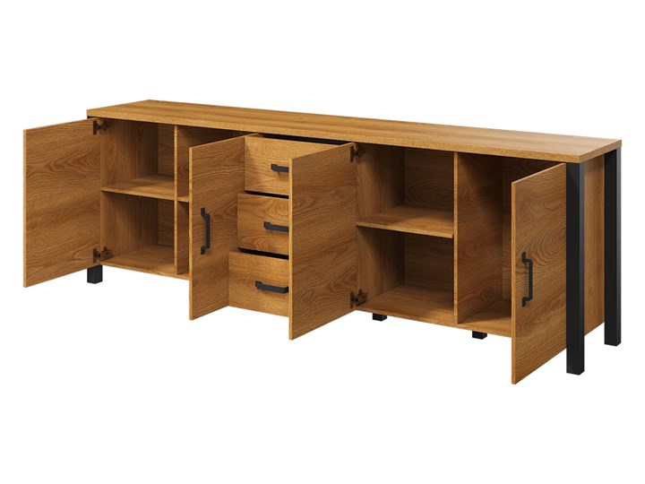 BOGART. Komoda Carmelin 220 4D3SZ dąb karmel / czarny supermat Szerokość 220 cm Kategoria Komody Z witrynami Głębokość 48 cm Płyta MDF Wysokość 79 cm Z szafkami Z szufladami Styl Nowoczesny