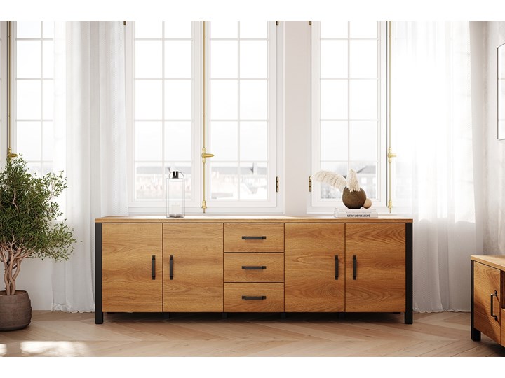 BOGART. Komoda Carmelin 220 4D3SZ dąb karmel / czarny supermat Z witrynami Styl Nowoczesny Płyta MDF Z szufladami Z szafkami Szerokość 220 cm Wysokość 79 cm Głębokość 48 cm Pomieszczenie Salon