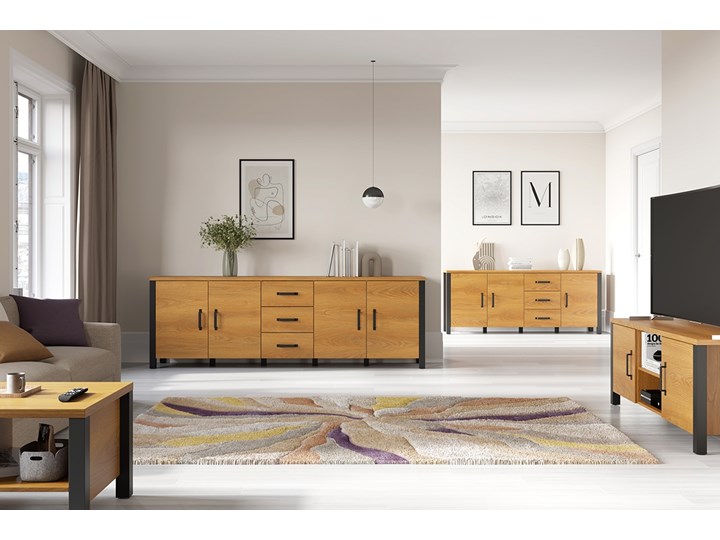 BOGART. Komoda Carmelin 220 4D3SZ dąb karmel / czarny supermat Z witrynami Wysokość 79 cm Z szafkami Z szufladami Głębokość 48 cm Płyta MDF Szerokość 220 cm Styl Nowoczesny