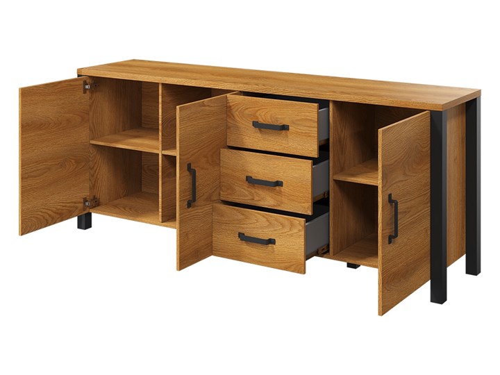 BOGART. Komoda Carmelin 192 3D3SZ dąb karmelowy / czarny supermat Z witrynami Wysokość 79 cm Głębokość 43 cm Płyta MDF Szerokość 192 cm Styl Industrialny