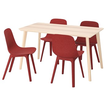 IKEA LISABO / ODGER Stół i 4 krzesła, okleina jesionowa/czerwony, 140 cm