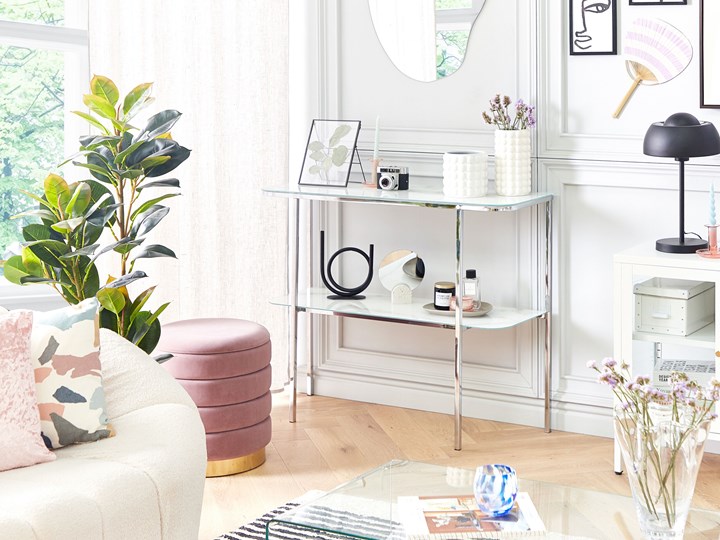 Beliani Konsola biały srebrny szkło stal 100 x 33 cm efekt marmuru szkło hartowane styl nowoczesny glamour salon sypialnia korytarz Szerokość 100 cm Metal Stal nierdzewna Z półką Pomieszczenie Przedpokój