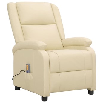 vidaXL Rozkładany fotel masujący, kremowy, skóra naturalna