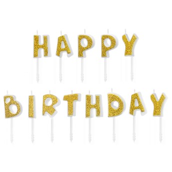 Świeczki urodzinowe napis Happy Birthday złote brokatowe