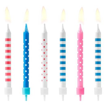 Świeczki urodzinowe kropki i paski różowe niebieskie