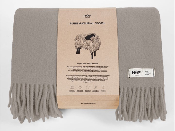 Koc wełniany HOP DESIGN – YETI (szary ziemisty) Pled Wełna 145x205 cm Wzór Jednolity Kategoria Koce i pledy