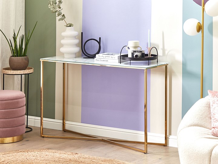 Beliani Konsola biało-złota szkło stal efekt marmuru szkło hartowane styl nowoczesny glamour salon sypialnia korytarz Głębokość 35 cm Stal nierdzewna Kolor Biały Szerokość 120 cm Pomieszczenie Przedpokój