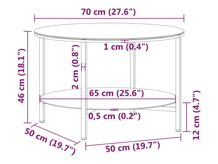 vidaXL Stolik kawowy, czarna rama i bezbarwne szkło hartowane, 70 cm Metal Styl Nowoczesny Wysokość 46 cm Styl Minimalistyczny