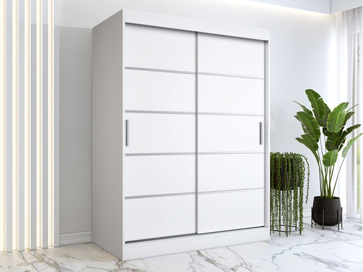 Biała szafa przesuwna 150 cm - Livia 4X Drewno Wysokość 200 cm Metal Płyta laminowana Głębokość 60 cm Płyta MDF Styl Minimalistyczny