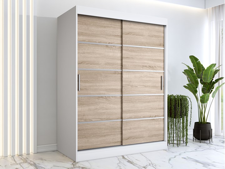 Szafa przesuwna biel + dąb sonoma 150 cm - Livia 4X Drewno Rodzaj drzwi Przesuwne Głębokość 60 cm Wysokość 200 cm Płyta laminowana Metal Płyta MDF Pomieszczenie Pokój nastolatka