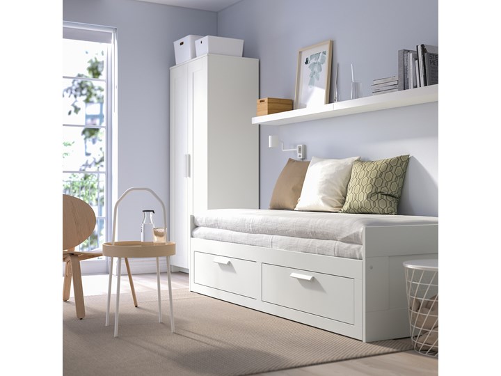 IKEA BRIMNES Leżanka z 2 szufladami, 2 materace, biały/Ågotnes twardy, 80x200 cm Kategoria Łóżka do sypialni
