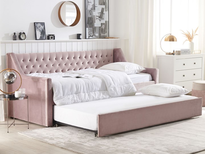 Beliani Łóżko wysuwane różowe welurowe ze stelażem 90 x 200 cm dziecięce glamour guziki Rozmiar materaca 90x200 cm Drewno Płyta MDF Tworzywo sztuczne Kolor Różowy