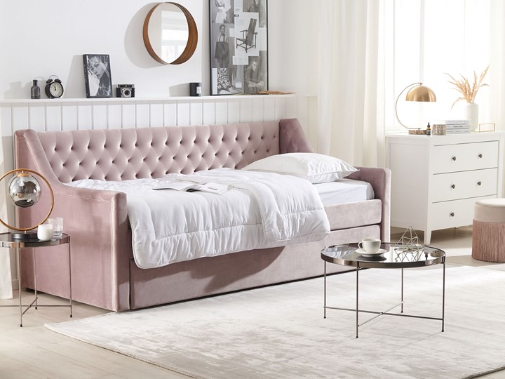 Beliani Łóżko wysuwane różowe welurowe ze stelażem 90 x 200 cm dziecięce glamour guziki Tworzywo sztuczne Drewno Płyta MDF Rozmiar materaca 90x200 cm