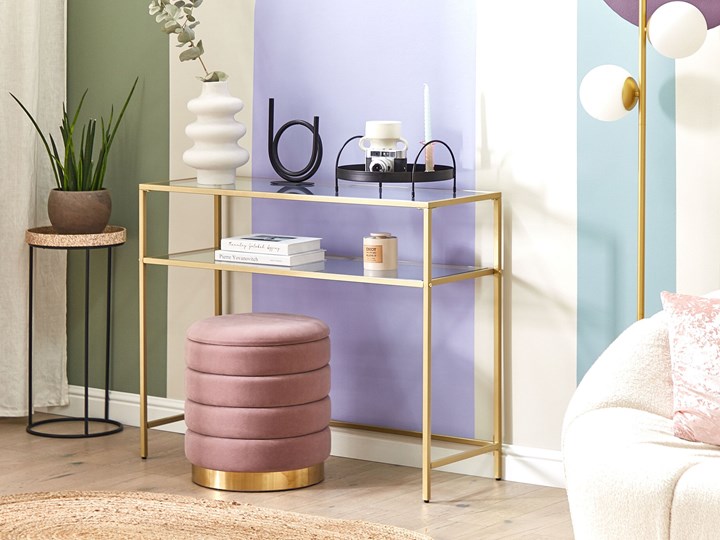 Beliani Konsola złota szkło hartowane żelazo 100 x 36 cm z półką prostokątny stolik styl nowoczesny glamour salon sypialnia korytarz Metal Kolor Złoty