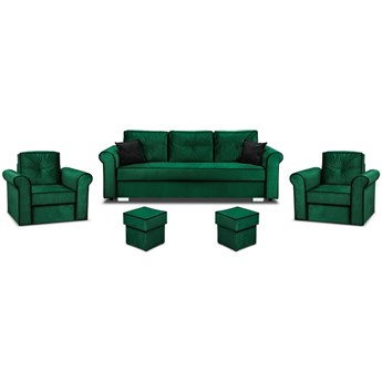 Zestaw Wypoczynkowy do Salonu Merida Sofa + 2 Fotele z Podnóżkami Królewska Zieleń