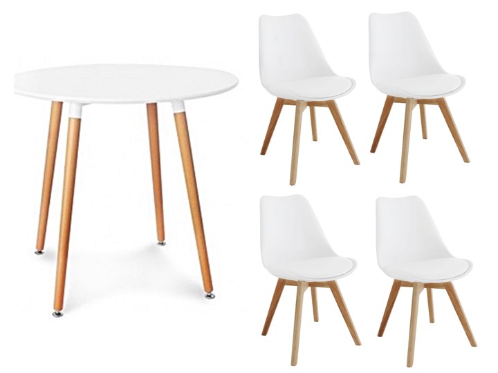 Zestaw stół NOLAN okrągły 80 cm + 4 krzesła KRIS różne kolory siedzisk nogi buk