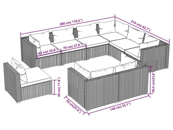 vidaXL 9-cz. zestaw wypoczynkowy do ogrodu, poduszki, rattan PE, szary Tworzywo sztuczne Zestawy modułowe Stal Zestawy wypoczynkowe Kategoria Zestawy mebli ogrodowych