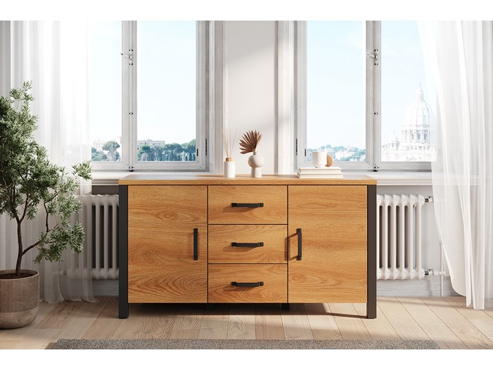 BOGART. Komoda Carmelin 147 2D3SZ dąb karmelowy / czarny supermat Szerokość 147 cm Głębokość 48 cm Z witrynami Wysokość 79 cm Płyta MDF Pomieszczenie Salon Styl Industrialny
