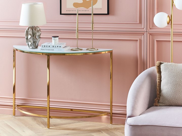 Beliani Konsola biało-złota szkło hartowane stal nierdzewna 111 x 36 cm półokrągły stolik styl nowoczesny glamour salon sypialnia korytarz Pomieszczenie Przedpokój Marmur Kolor Biały