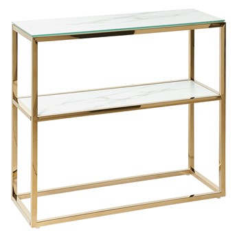 Beliani Konsola biało-złota szkło hartowane stal nierdzewna 80 x 30 cm z półką prostokątny stolik styl nowoczesny glamour salon sypialnia korytarz