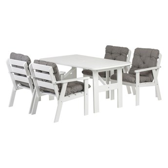 SELSEY Zestaw mebli ogrodowych Avoints stół z 4 krzesłami biały i szarymi poduszkami