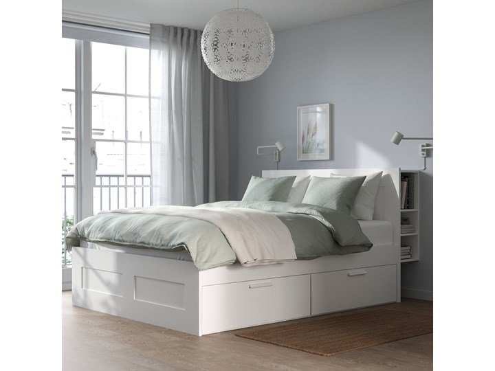 IKEA BRIMNES Rama łóżka z pojemnikiem, zagłówek, biały, 140x200 cm Łóżko drewniane Drewno Kategoria Łóżka do sypialni