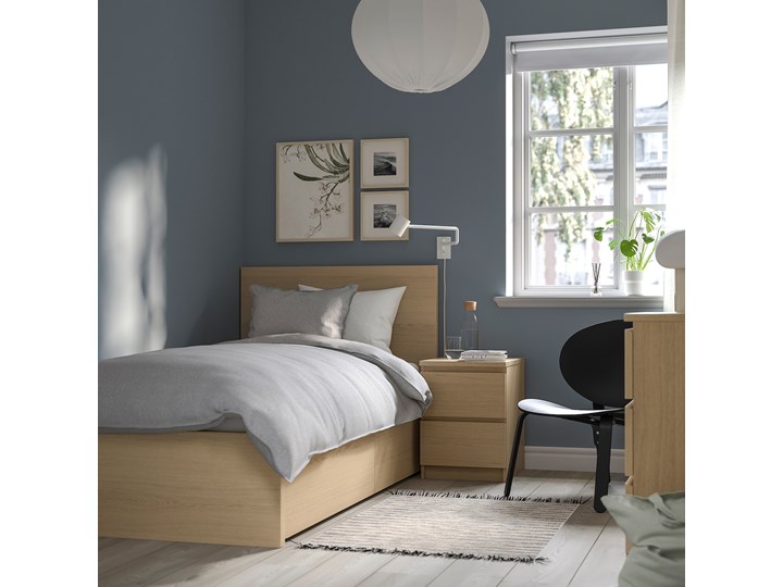 IKEA MALM Rama łóżka z 2 pojemnikami, Okleina dębowa bejcowana na biało, 90x200 cm Pojedyncze Neutralne Z szufladą Kolor Biały