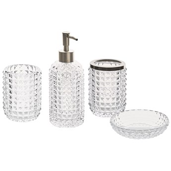 Beliani 4 częściowy zestaw akcesoriów łazienkowych przeroczysty szklany glamour dozownik mydła mydelniczka kubek na szczotki
