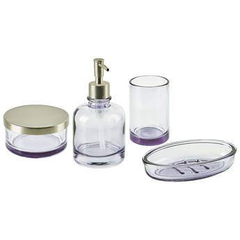 Beliani 4 częściowy zestaw akcesoriów łazienkowych fioletowy szklany glamour dozownik mydła mydelniczka kubek na szczotki