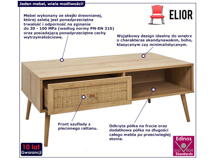 Stolik kawowy w stylu boho do salonu - Skandi Kategoria Stoliki i ławy Długość 110 cm Płyta meblowa Wysokość 41 cm Zestaw stolików Wysokość 41,5 cm Szerokość 59 cm Drewno Styl Minimalistyczny