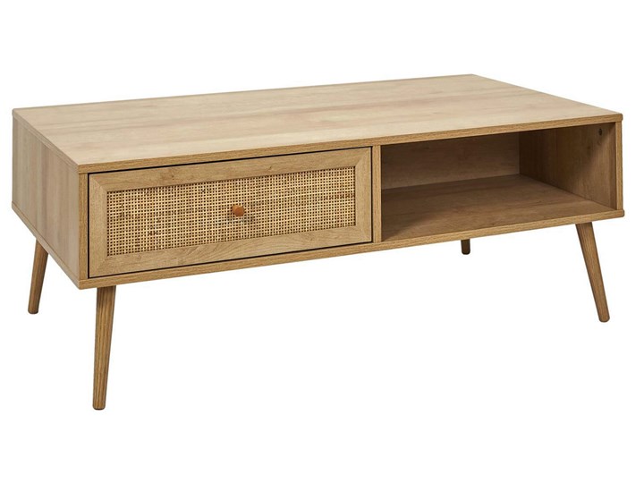 Stolik kawowy w stylu boho do salonu - Skandi Długość 110 cm Wysokość 41 cm Płyta meblowa Średnica Zestaw stolików Drewno Wysokość 41,5 cm Szerokość 59 cm Funkcje Z szufladami