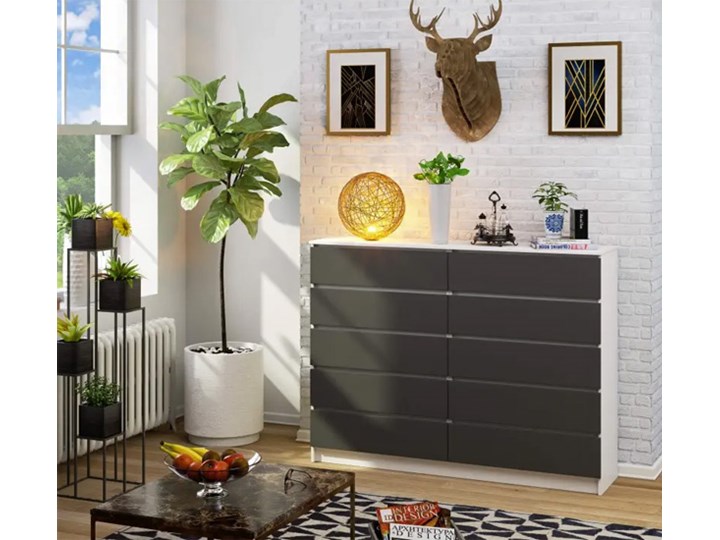 Nowoczesna komoda do salonu biały + grafit - Deos 3X Pomieszczenie Sypialnia Płyta MDF Szerokość 160 cm Wysokość 121 cm Z szufladami Kategoria Komody