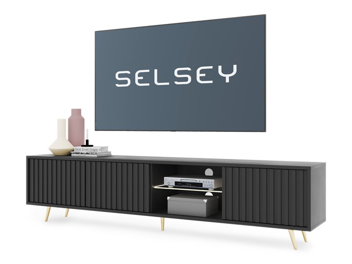 SELSEY Szafka RTV Bello z lamelowymi frontami 175 cm czarna z led ze złotymi nogami Płyta MDF Półka Na dekoder Styl Nowoczesny