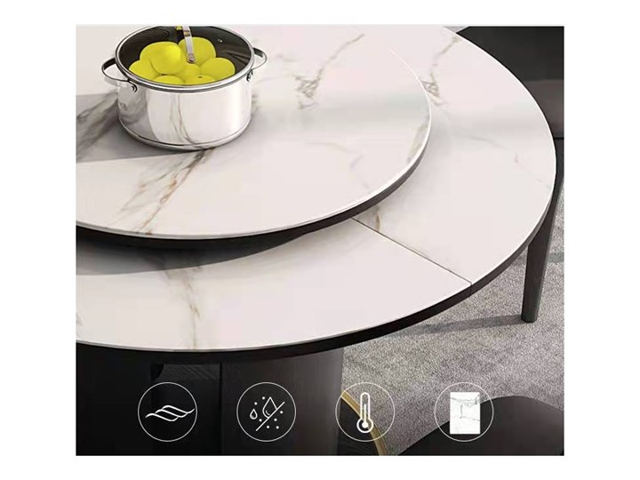 Rozkładany , okrągły stół Glamour , marmurowy spiek czarno złota podstawa Costa Wysokość 76 cm Szkło Kolor Czarny
