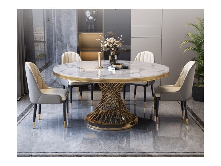Stół okrągły biało złoty / marmur syntetyk / FI 150 cm Armanii Wysokość 75 cm Stal Styl Glamour Kategoria Stoły kuchenne