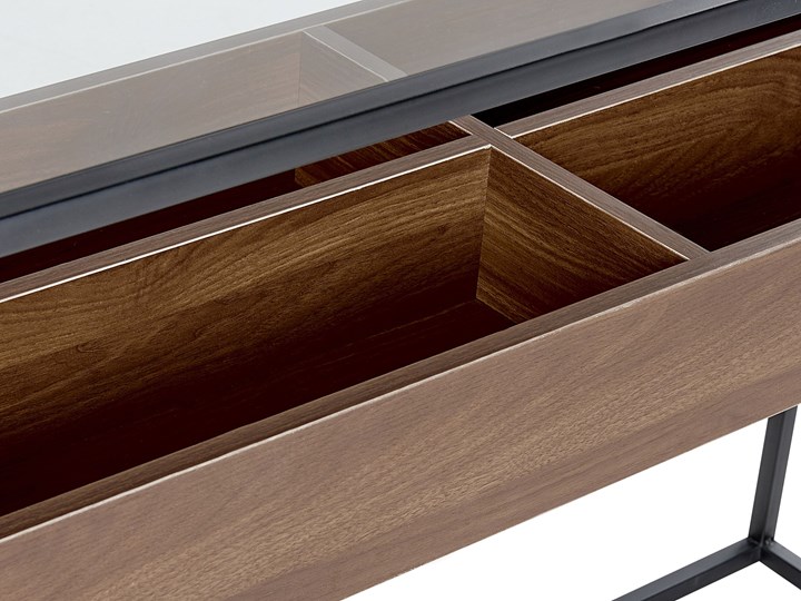 Beliani Konsola ciemne drewno z czarnym szklany blat metalowa rama miejsce do przechowywania nowoczesny design Pomieszczenie Salon Z półką Szkło Kategoria Konsole