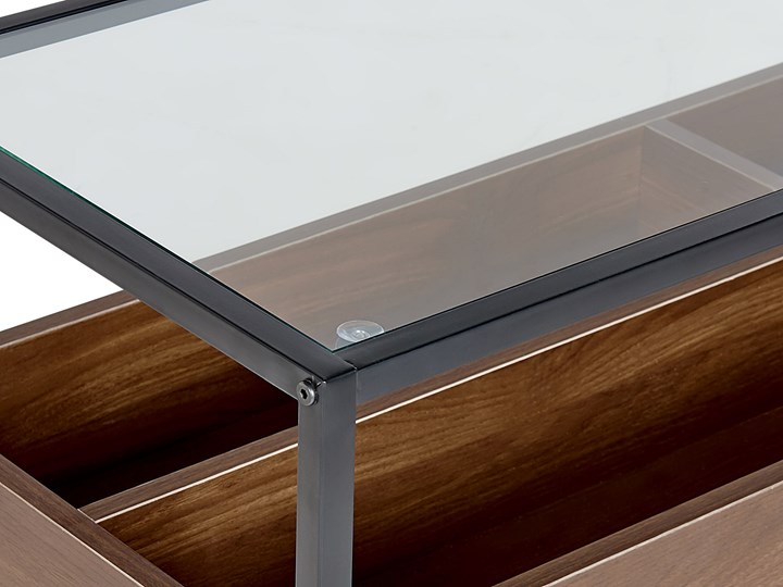 Beliani Konsola ciemne drewno z czarnym szklany blat metalowa rama miejsce do przechowywania nowoczesny design Szkło Z półką Pomieszczenie Salon