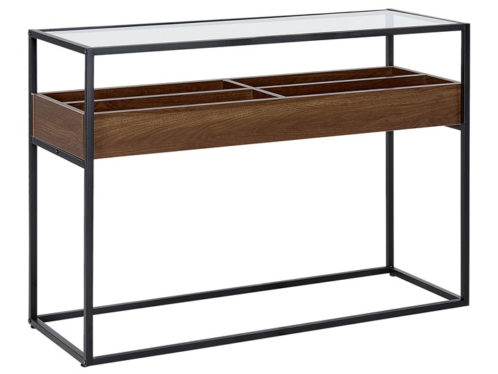 Beliani Konsola ciemne drewno z czarnym szklany blat metalowa rama miejsce do przechowywania nowoczesny design Szkło Z półką Pomieszczenie Salon