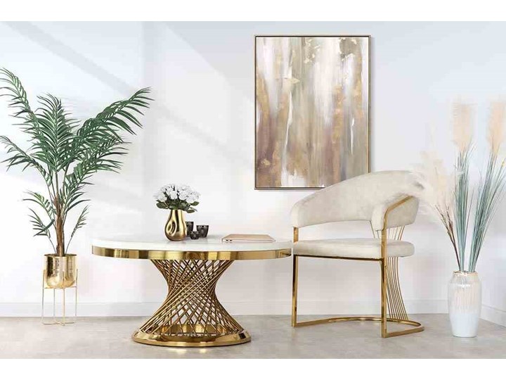Stolik kawowy okrągły złoty blat biały marmur syntetyk / Anton Wysokość 45 cm Stal Styl Glamour