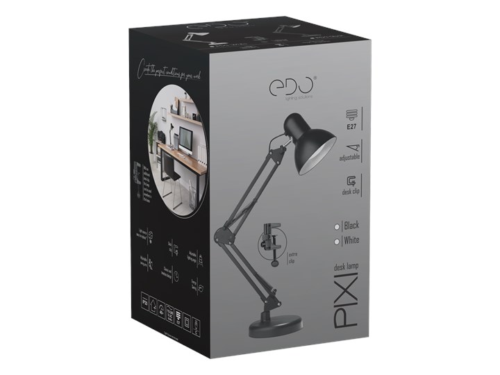 Lampka biurkowa kreślarska PIXI Black E27 zestaw czarny podstawa i klips EDO777535 Metal Tworzywo sztuczne Lampa biurkowa Stal Lampa z kloszem Lampa z klipsem Wysokość 68 cm Styl Tradycyjny