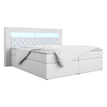 Łóżko kontynentalne 140x200 w nowoczesnym stylu z oświetleniem LED i opcją wyboru tkaniny - GOLD 6 / Madryt 920 - biała ecoskóra