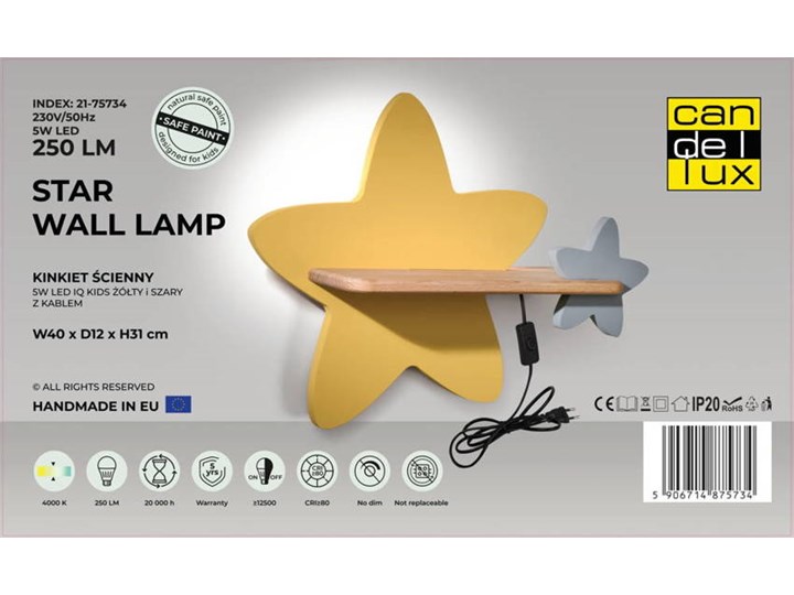 Lampa kinkiet półeczka 5W IQ Kids z przewodem z wł. i wtyczką Star Candellux 21-75734 Kategoria Lampy dziecięce