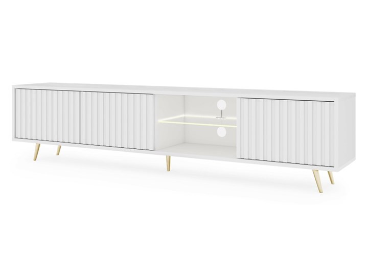 SELSEY Szafka RTV Bello z lamelowymi frontami 175 cm biała z led ze złotymi nogami Stal Na dekoder Płyta MDF Półka Pomieszczenie salon Styl Glamour