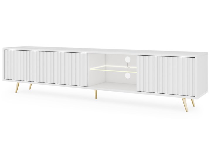 SELSEY Szafka RTV Bello z lamelowymi frontami 175 cm biała z led ze złotymi nogami Płyta MDF Na dekoder Półka Stal Styl Minimalistyczny Styl Glamour