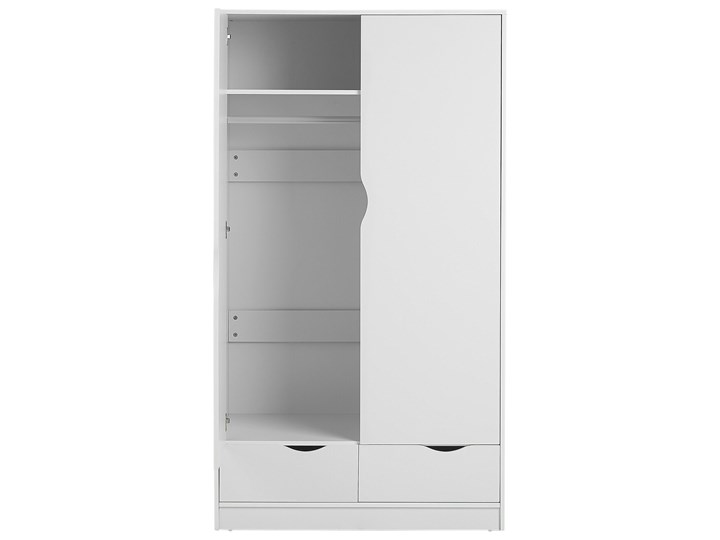 Beliani Szafa biała płyta wiórowa minimalistyczna drzwi 2 szuflady drążek ubraniowy półka do sypialni Drewno Głębokość 59 cm Szerokość 99 cm Kolor Biały Pomieszczenie Sypialnia