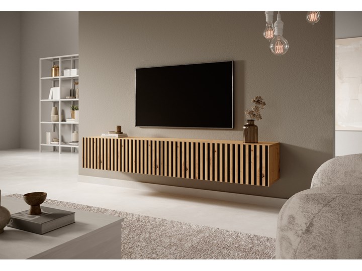 SELSEY Szafka RTV Telire 175 cm dąb artisan lamele z czarnymi wstawkami Płyta MDF Drewno Pomieszczenie salon