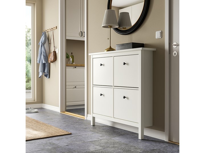 IKEA HEMNES Szafka na buty, 4 przegrody, biały, 107x22x101 cm Płyta laminowana Drewno Głębokość 22 cm Szerokość 107 cm Płyta MDF Płyta meblowa Tworzywo sztuczne Kategoria Szafki i regały
