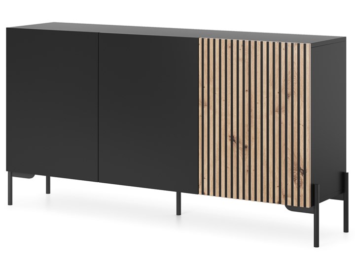 SELSEY Komoda trzydrzwiowa Lammelo 140 cm czarna/dąb lamele Styl Nowoczesny