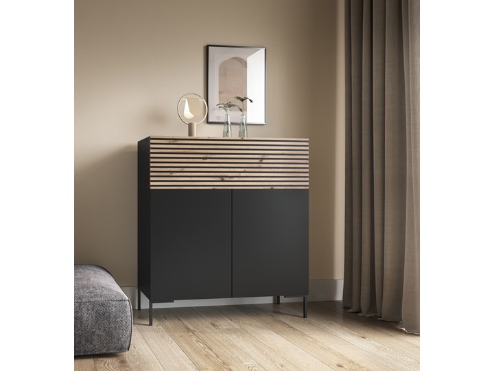 SELSEY Komoda wysoka Lammelo 92 cm czarna/dąb lamele Kolor Czarny